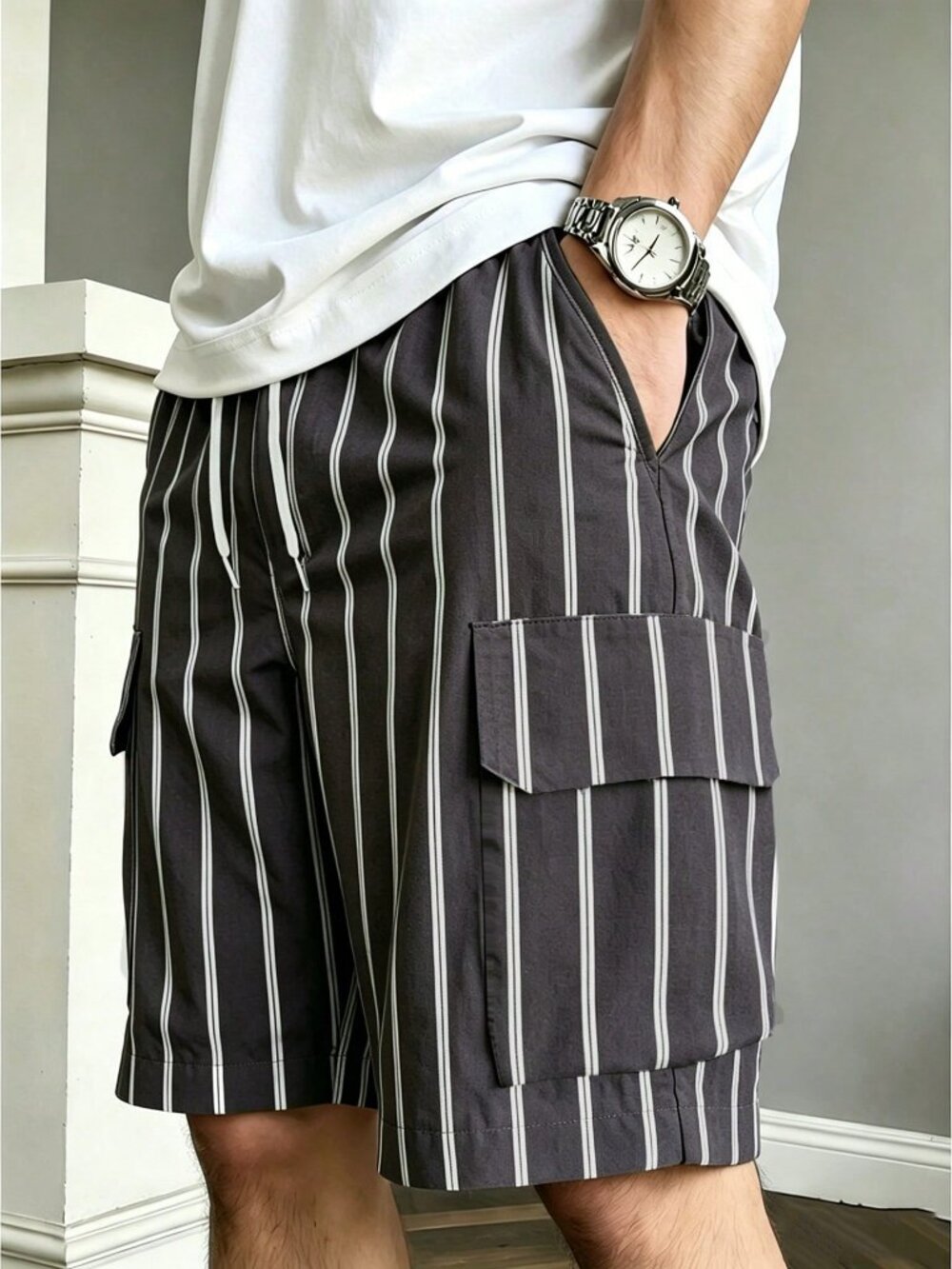 Multicolor Casual Men's Striped Loose Casual Cargo Shorts With Side Pockets